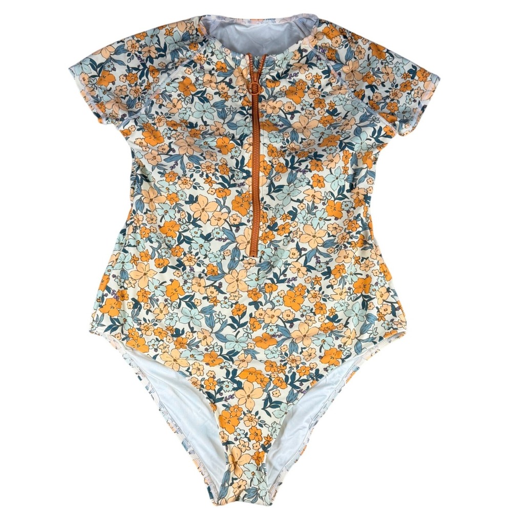 Unbranded Floral Rash Guard One Piece Swimsuit Zip Front Orange Blue Womens M